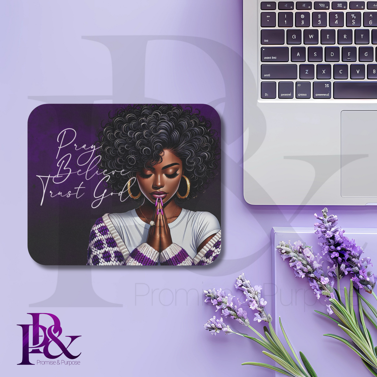 Pray Believe Trust God Purple Mouse Pad | Faith-Based Desk Decor | PBTGW11