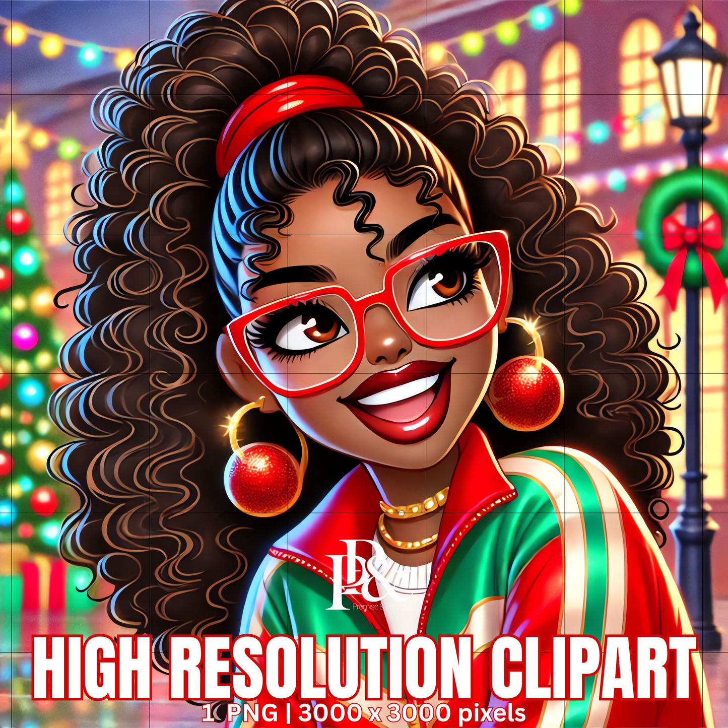 Festive 80’s Black Woman Clipart – Retro Christmas Tracksuit PNG | Holiday Afrocentric Digital Art for Mugs, Shirts & Wall Prints | FRA13