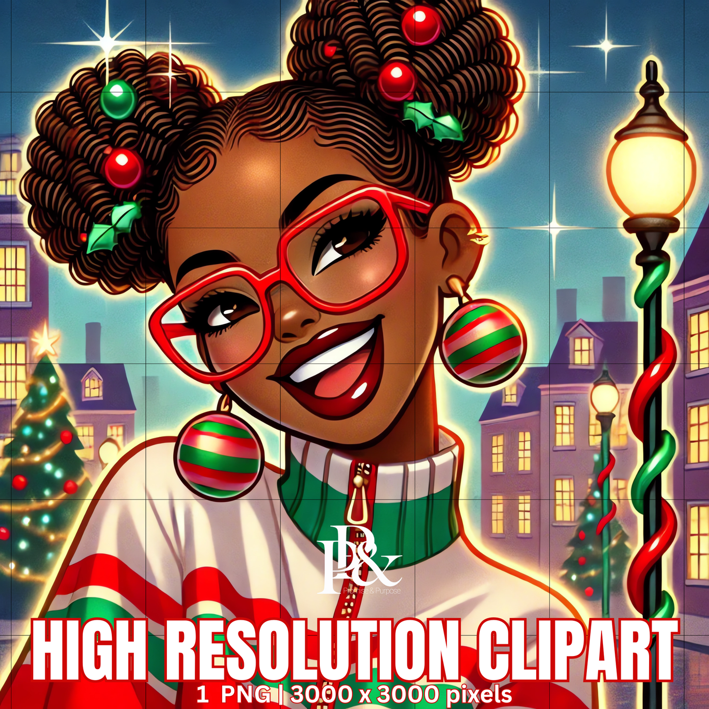 Festive 80’s Black Woman Clipart – Retro Christmas Tracksuit PNG | Holiday Afrocentric Digital Art for Mugs, Shirts & Wall Prints | FRA15