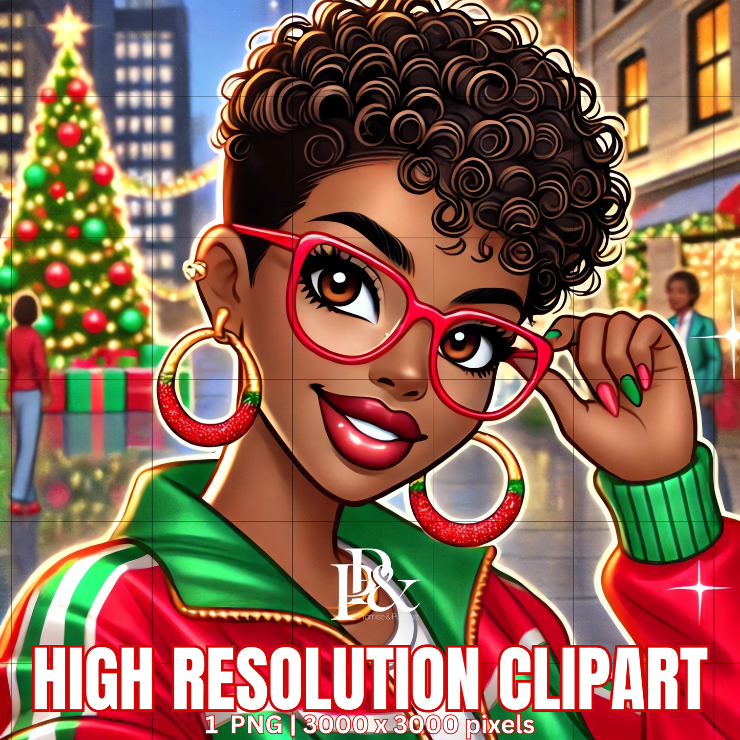 Festive 80’s Black Woman Clipart – Retro Christmas Tracksuit PNG | Holiday Afrocentric Digital Art for Mugs, Shirts & Wall Prints | FRA03