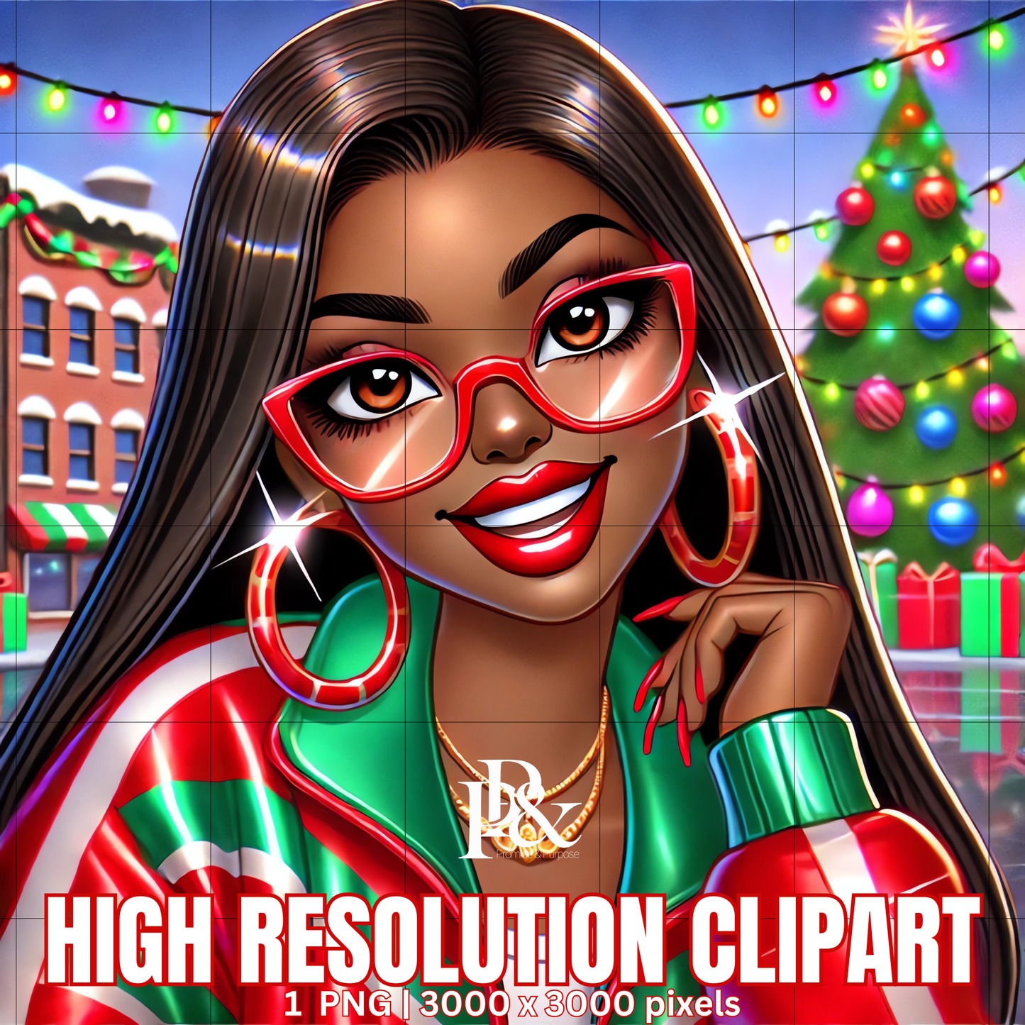 Festive 80’s Black Woman Clipart – Retro Christmas Tracksuit PNG | Holiday Afrocentric Digital Art for Mugs, Shirts & Wall Prints | FRA04