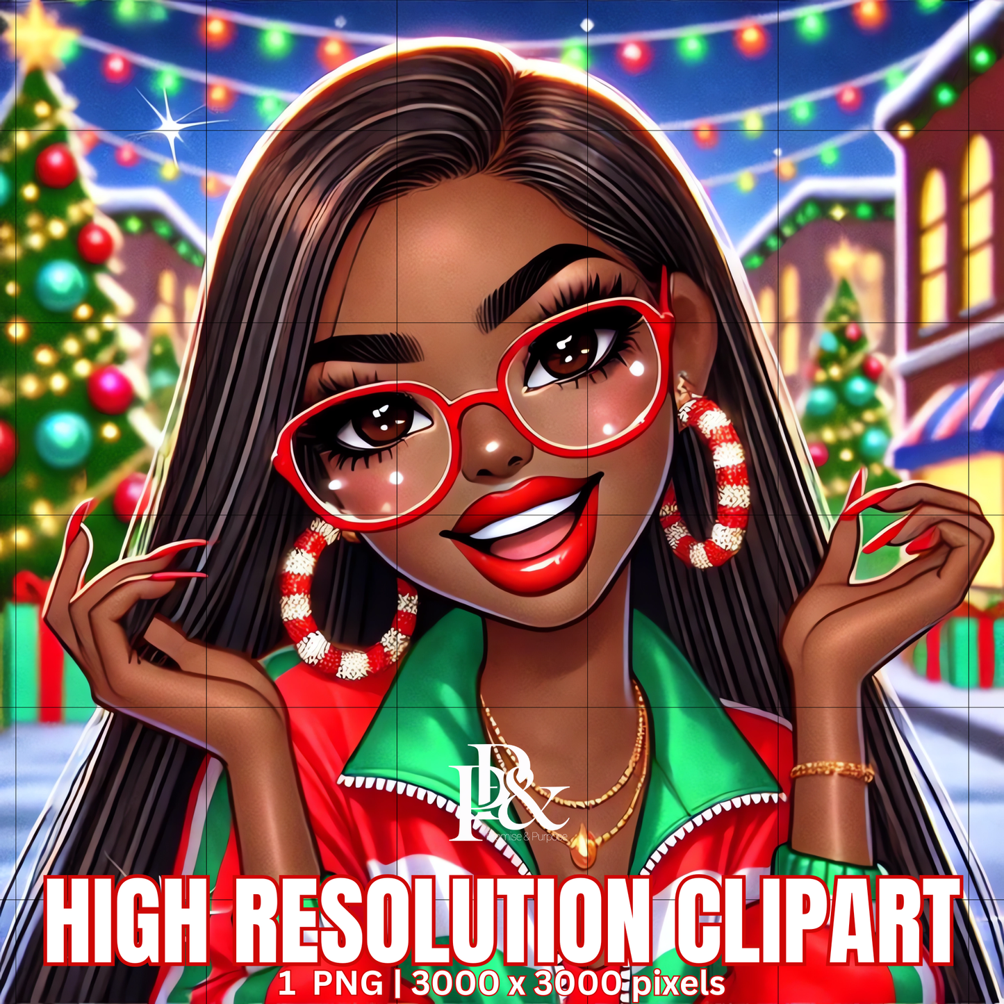 Festive 80’s Black Woman Clipart – Retro Christmas Tracksuit PNG | Holiday Afrocentric Digital Art for Mugs, Shirts & Wall Prints | FRA05