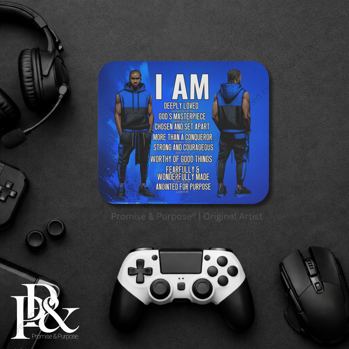 I Am Scripture Affirmation by Promise and Purpose mousepad for faith office desk decor and workspace inspiration