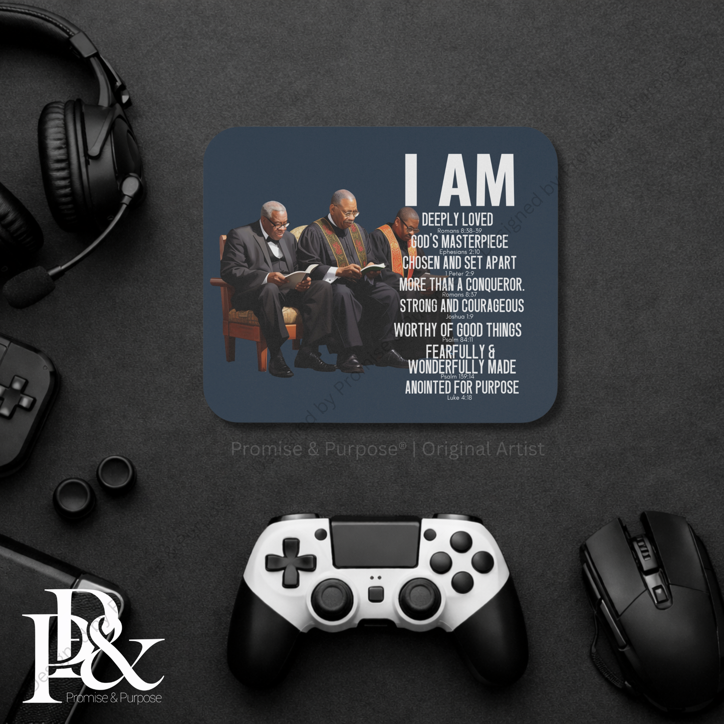 I Am Scripture Affirmation by Promise and Purpose mousepad for faith office desk decor and workspace inspiration