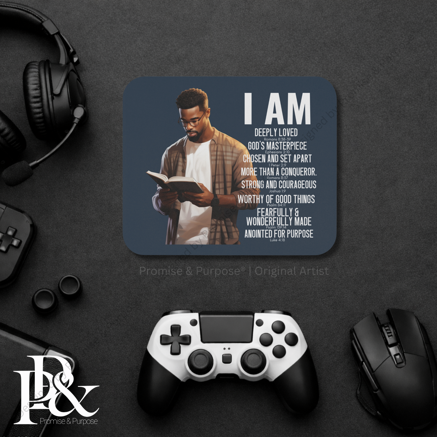 I Am Scripture Affirmation by Promise and Purpose mousepad for faith office desk decor and workspace inspiration