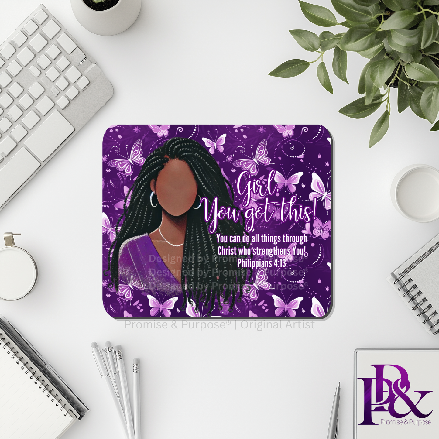 Girl You Got This™ Butterfly Edition Purple Awareness Mousepad featuring a vertical watercolor cluster of purple butterflies symbolizing hope, strength, and awareness