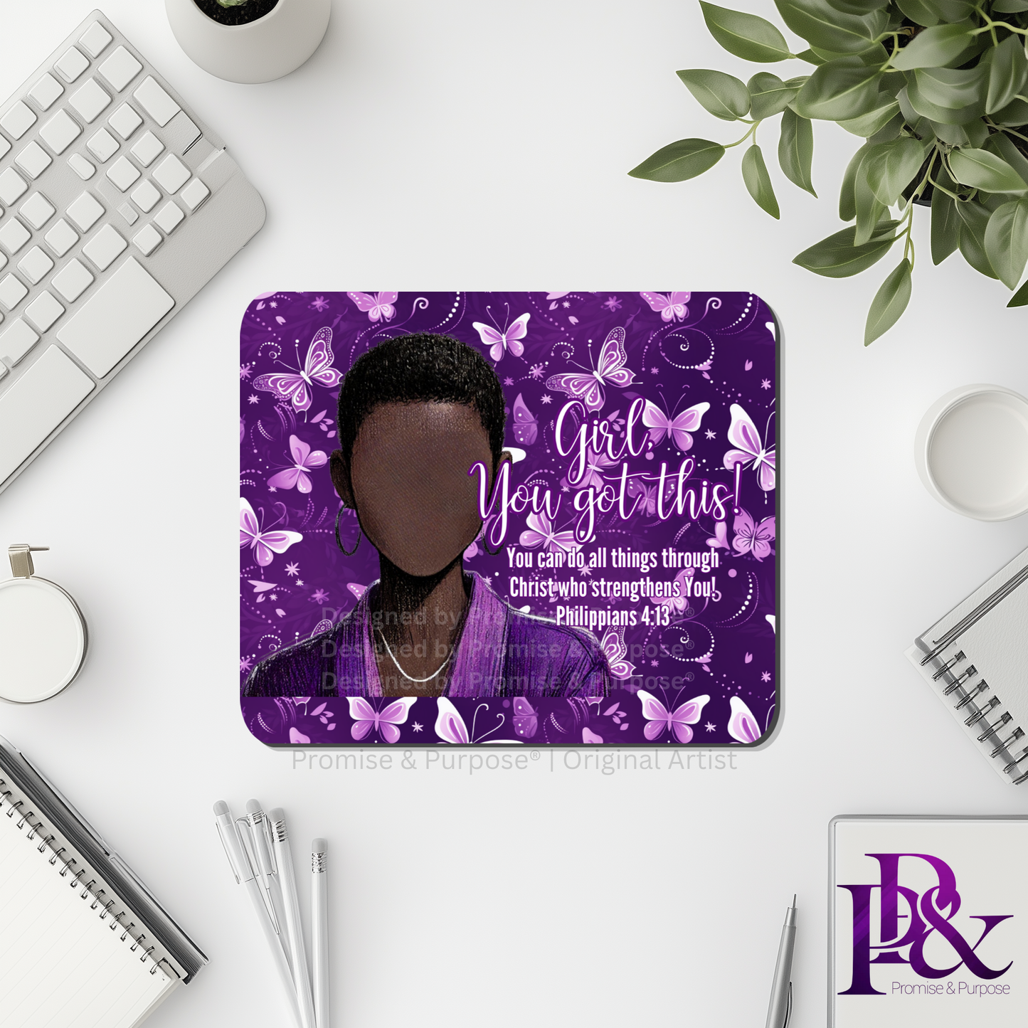 Girl You Got This™ Butterfly Edition Purple Awareness Mousepad featuring a vertical watercolor cluster of purple butterflies symbolizing hope, strength, and awareness