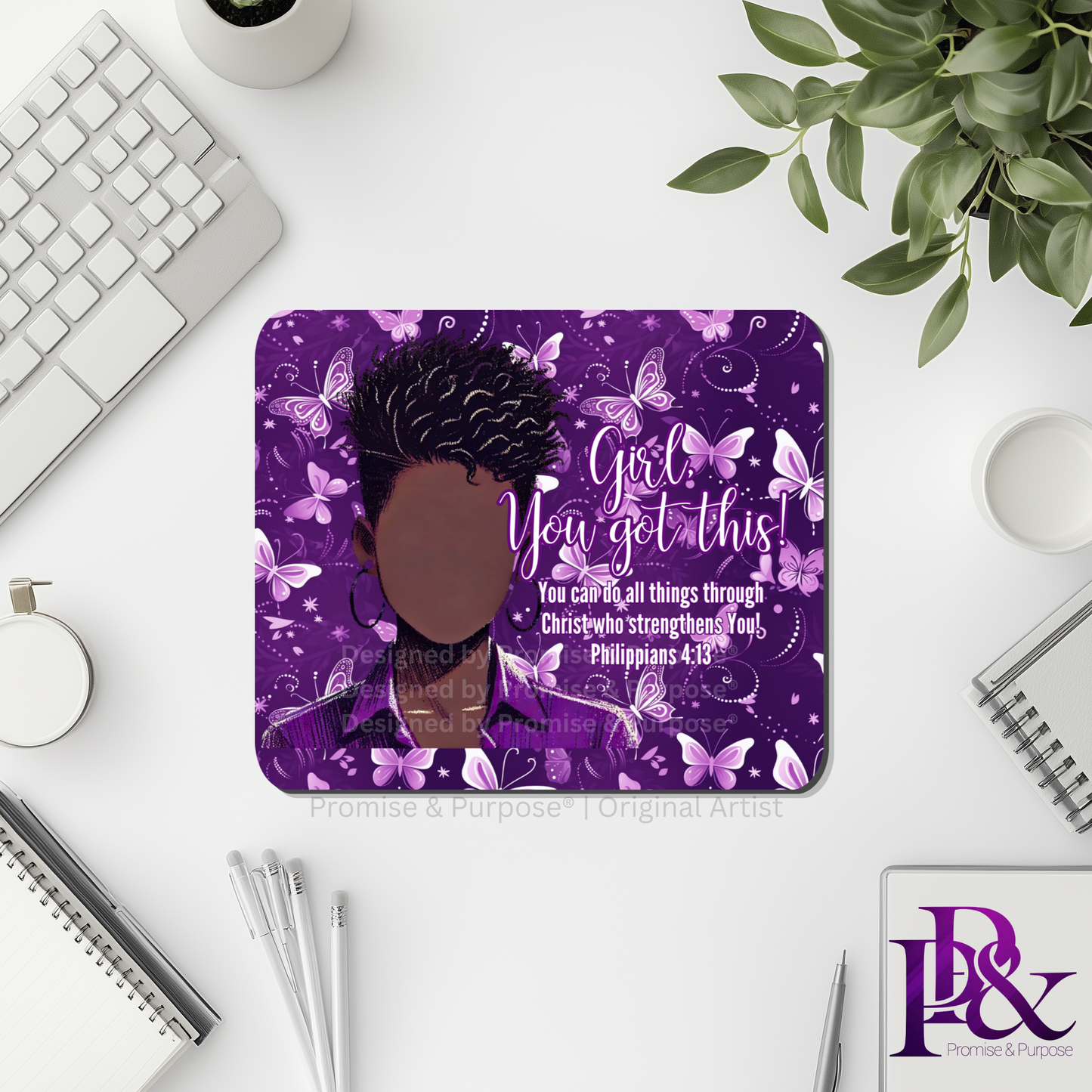 Girl You Got This™ Butterfly Edition Purple Awareness Mousepad featuring a vertical watercolor cluster of purple butterflies symbolizing hope, strength, and awareness