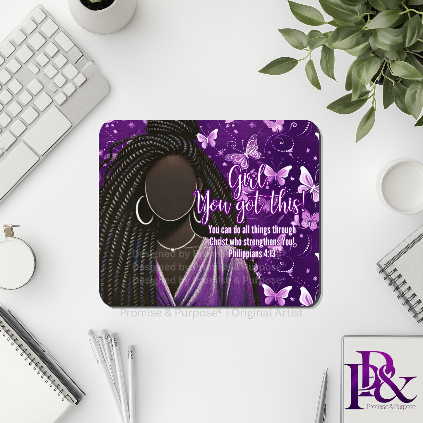 Girl You Got This™ Butterfly Edition Purple Awareness Mousepad featuring a vertical watercolor cluster of purple butterflies symbolizing hope, strength, and awareness