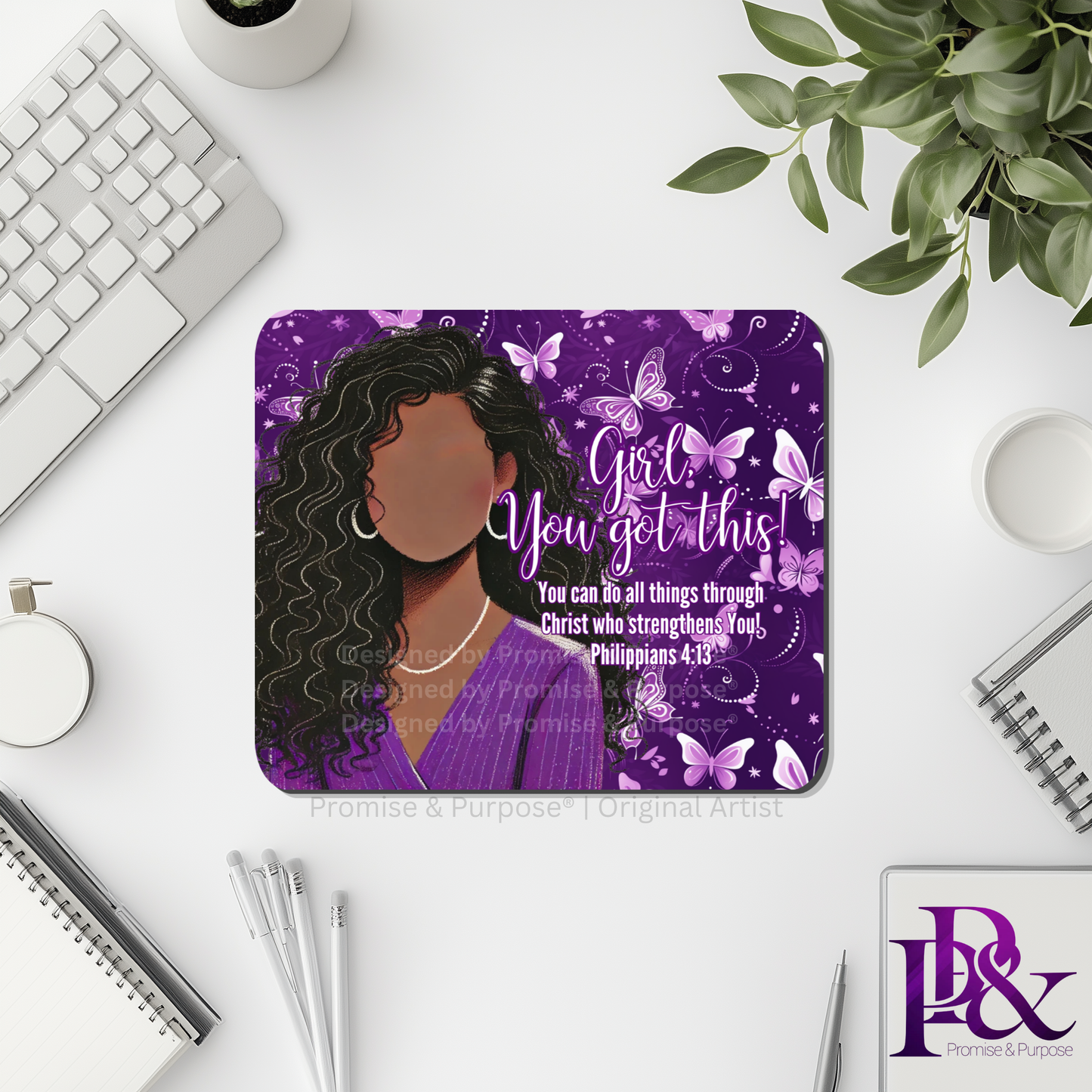 Girl You Got This™ Butterfly Edition Purple Awareness Mousepad featuring a vertical watercolor cluster of purple butterflies symbolizing hope, strength, and awareness