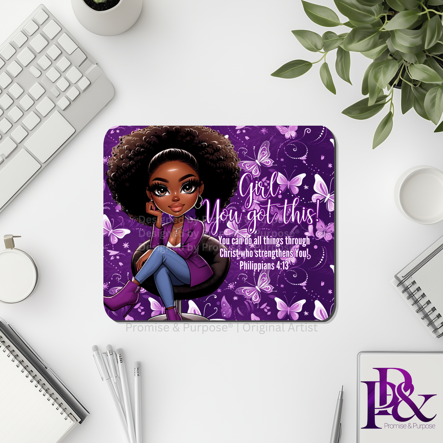 Girl You Got This™ Butterfly Edition Purple Awareness Mousepad featuring a vertical watercolor cluster of purple butterflies symbolizing hope, strength, and awareness