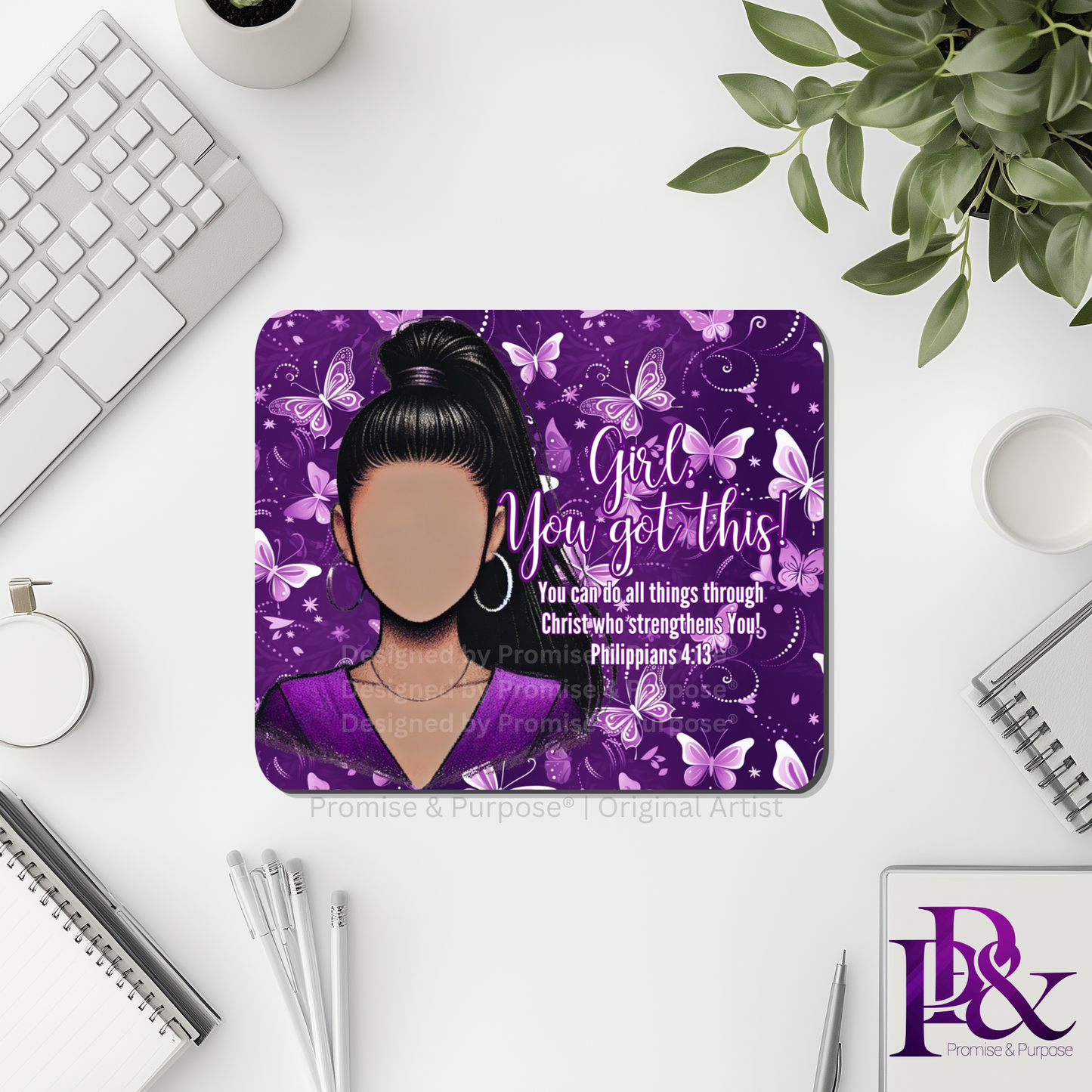Girl You Got This™ Butterfly Edition Purple Awareness Mousepad featuring a vertical watercolor cluster of purple butterflies symbolizing hope, strength, and awareness