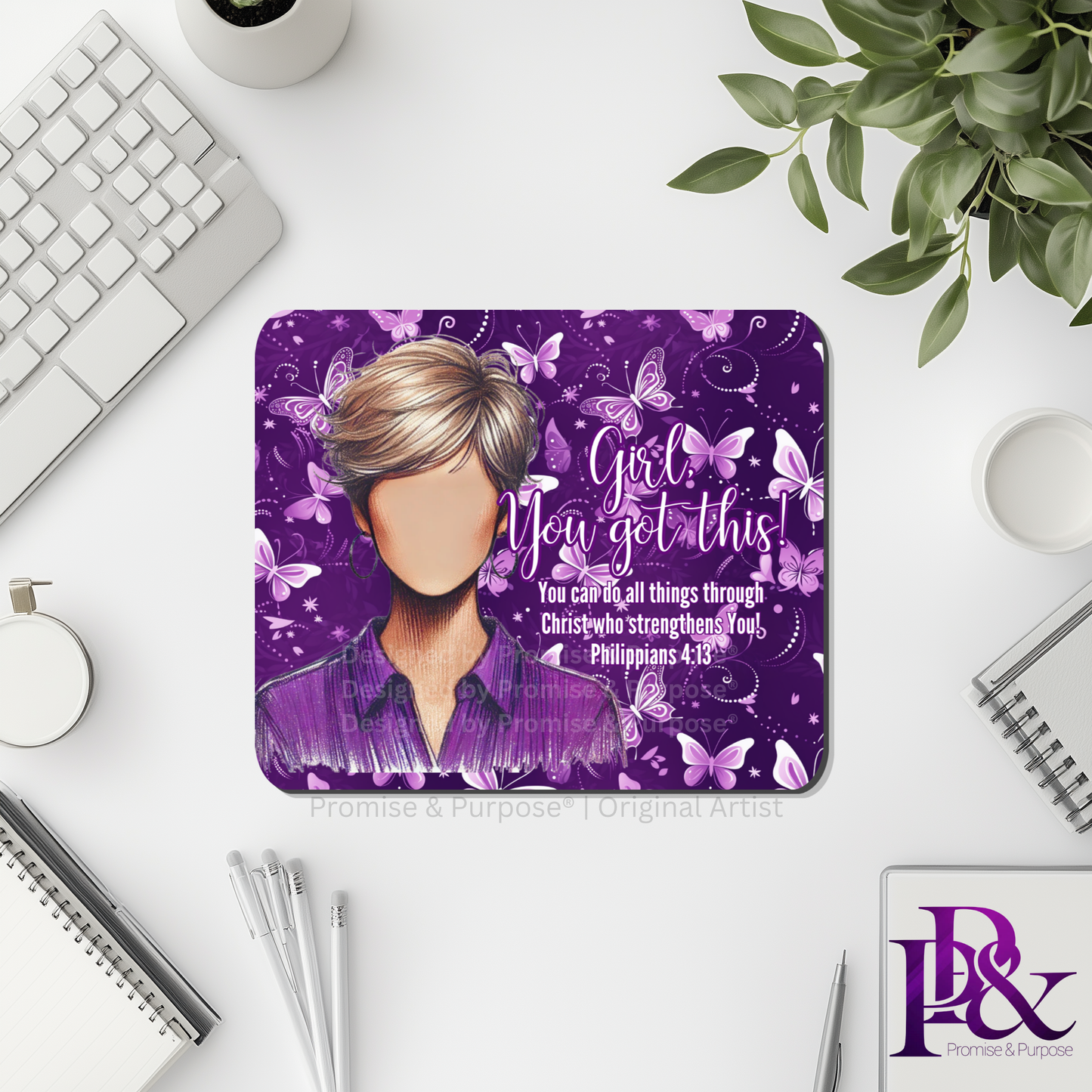 Girl You Got This™ Butterfly Edition Purple Awareness Mousepad featuring a vertical watercolor cluster of purple butterflies symbolizing hope, strength, and awareness