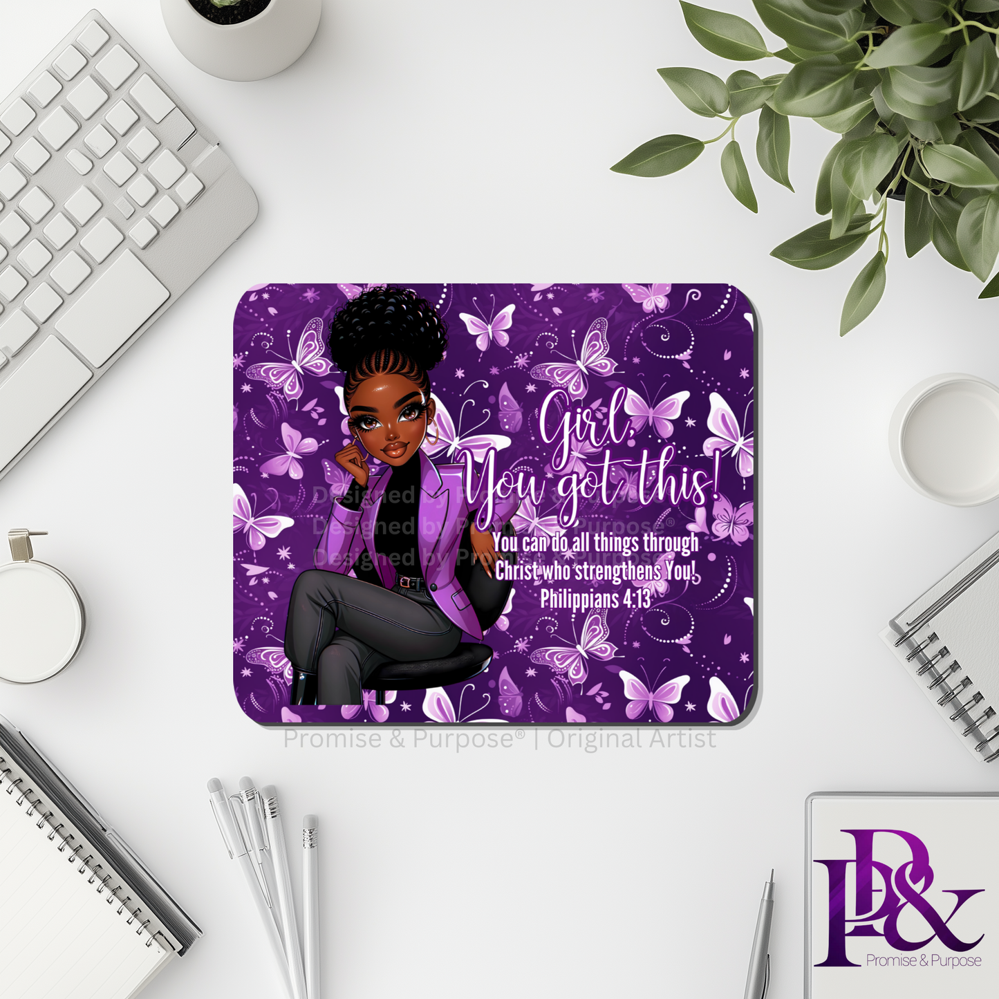 Girl You Got This™ Butterfly Edition Purple Awareness Mousepad featuring a vertical watercolor cluster of purple butterflies symbolizing hope, strength, and awareness