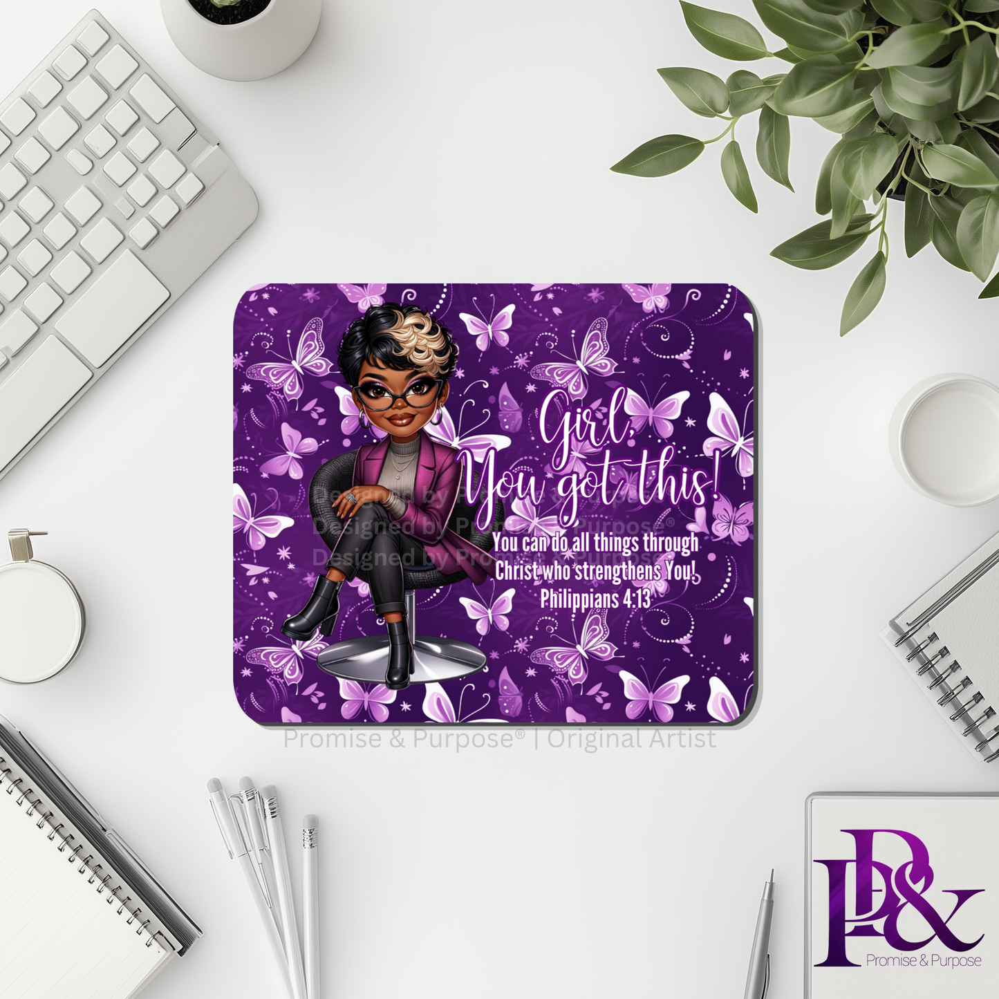 Girl You Got This™ Butterfly Edition Purple Awareness Mousepad featuring a vertical watercolor cluster of purple butterflies symbolizing hope, strength, and awareness