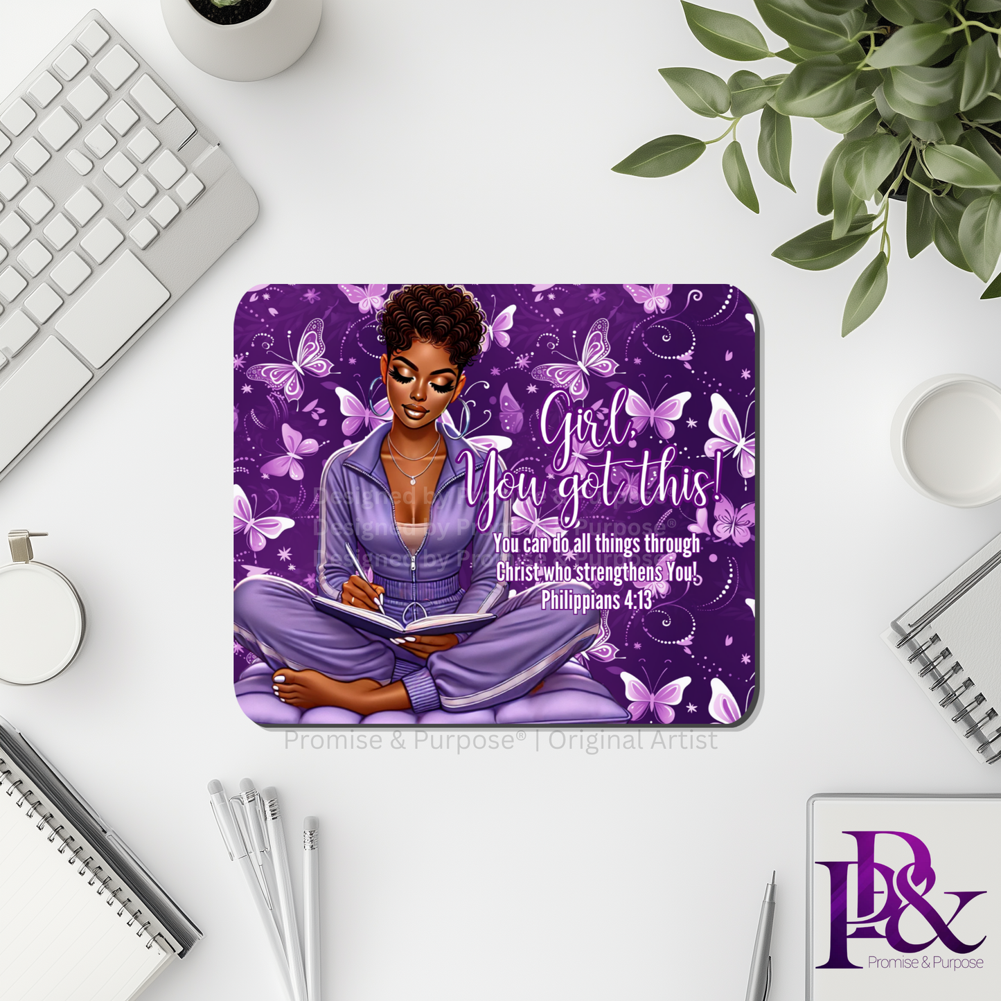 Girl You Got This™ Butterfly Edition Purple Awareness Mousepad featuring a vertical watercolor cluster of purple butterflies symbolizing hope, strength, and awareness