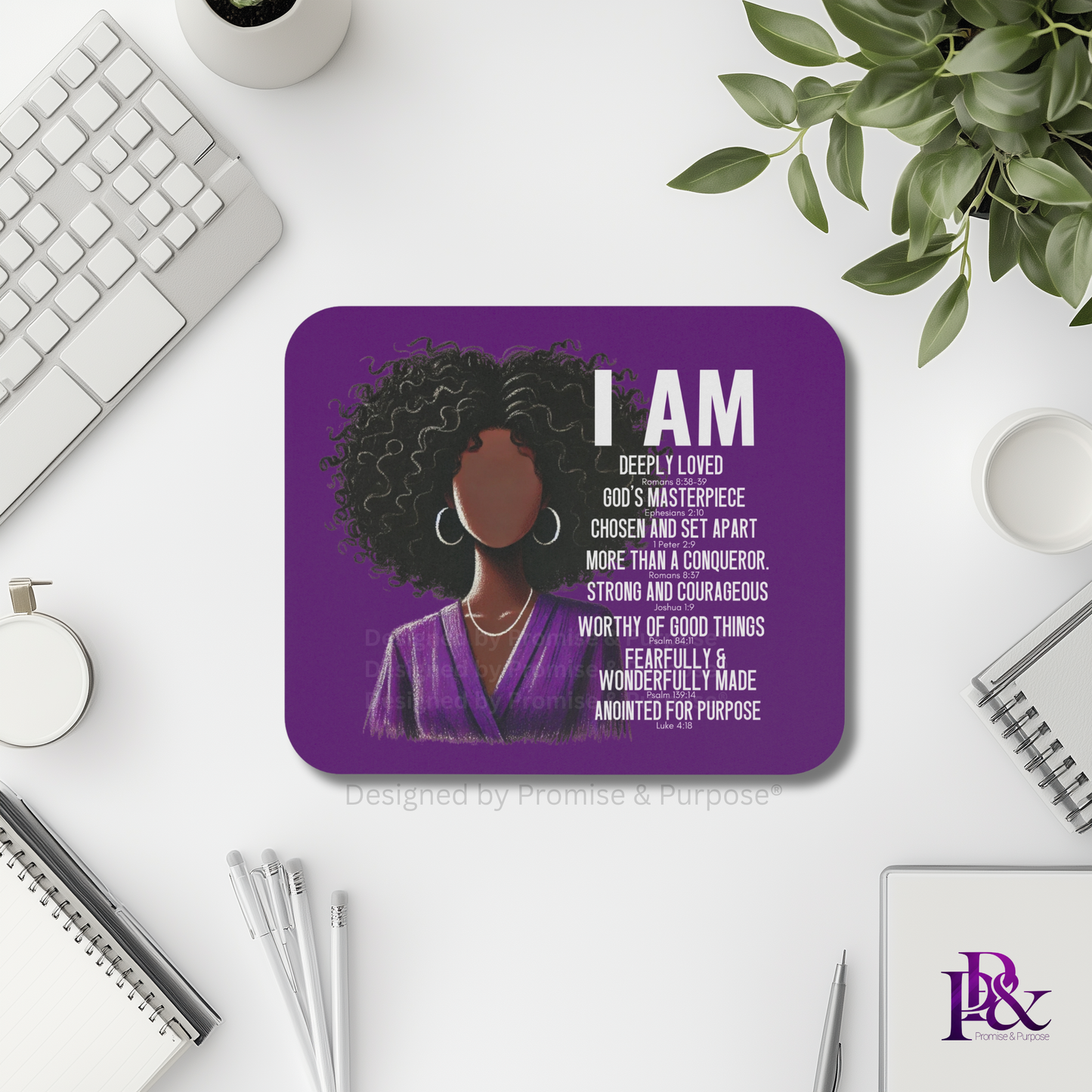 I Am Scripture Affirmation by Promise and Purpose mousepad for faith office desk decor and workspace inspiration