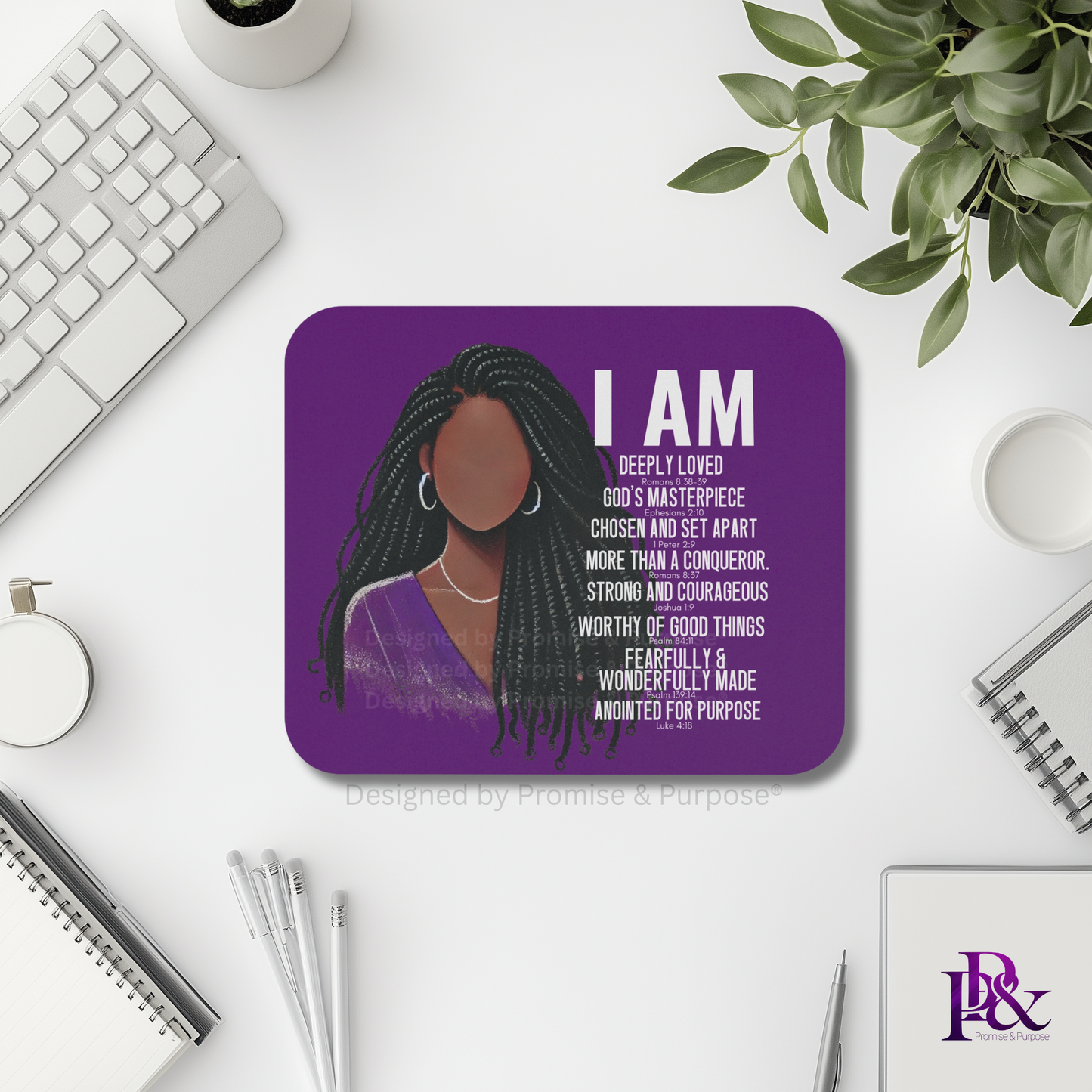 I Am Scripture Affirmation by Promise and Purpose mousepad for faith office desk decor and workspace inspiration