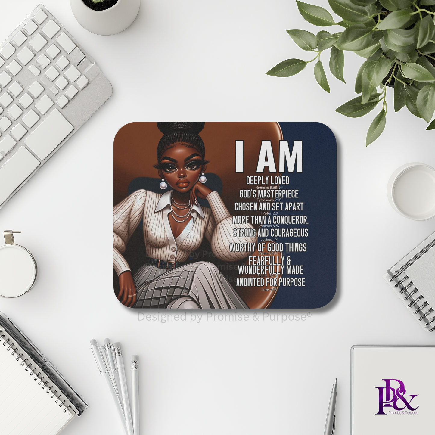 I Am Scripture Affirmation by Promise and Purpose mousepad for faith office desk decor and workspace inspiration