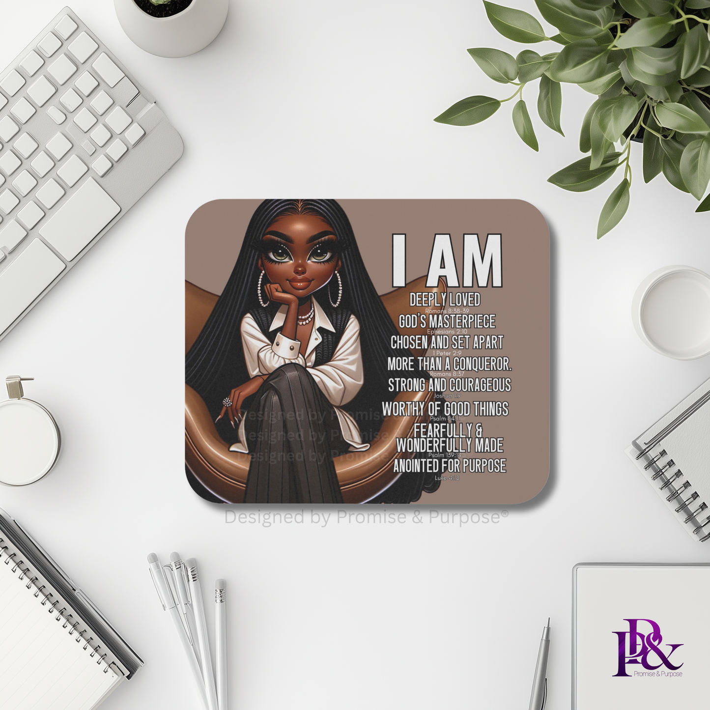 I Am Scripture Affirmation by Promise and Purpose mousepad for faith office desk decor and workspace inspiration