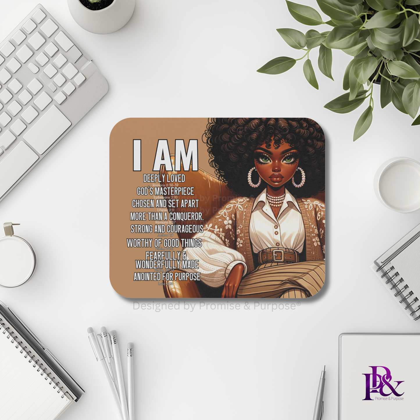 I Am Scripture Affirmation by Promise and Purpose mousepad for faith office desk decor and workspace inspiration