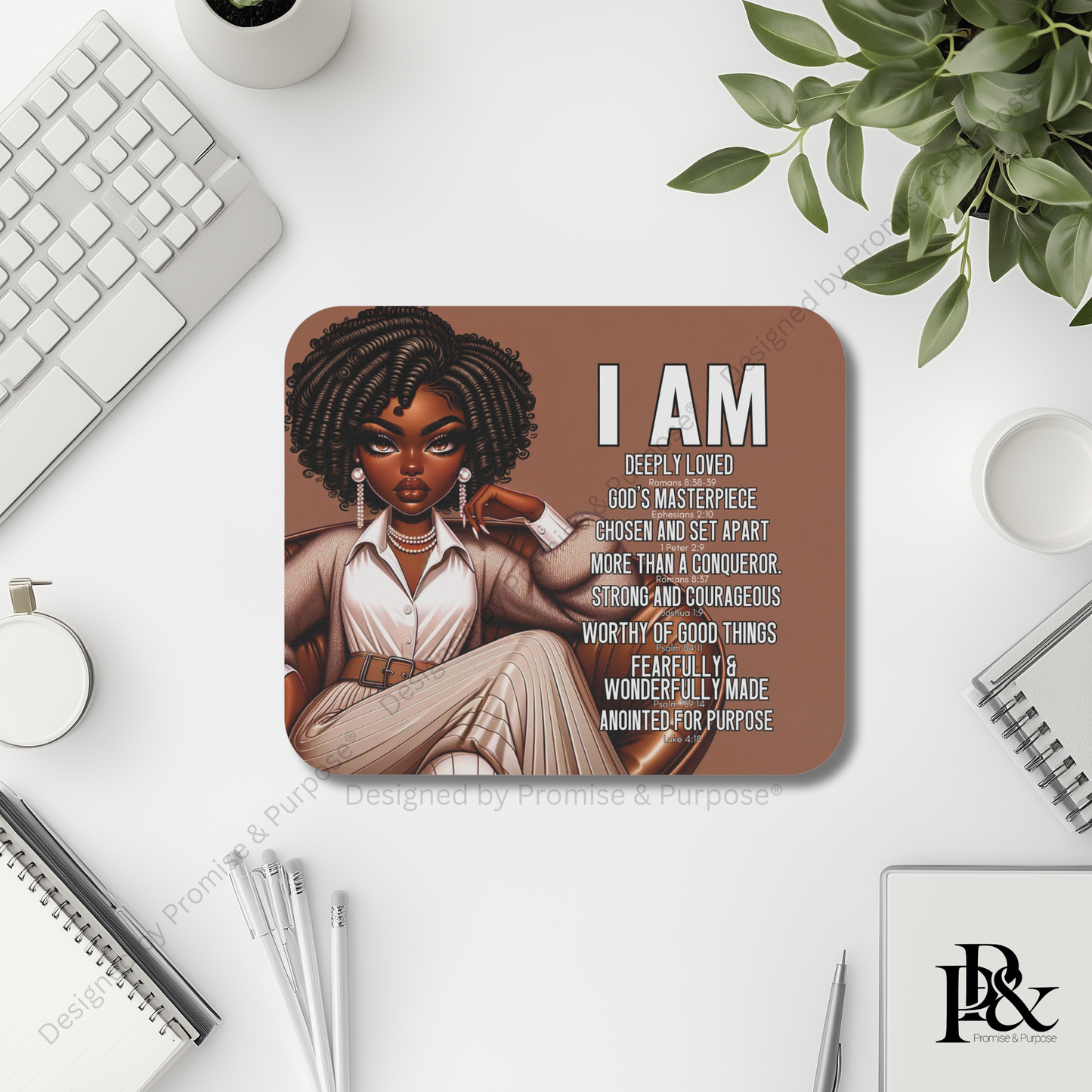 I Am Scripture Affirmation by Promise and Purpose mousepad for faith office desk decor and workspace inspiration