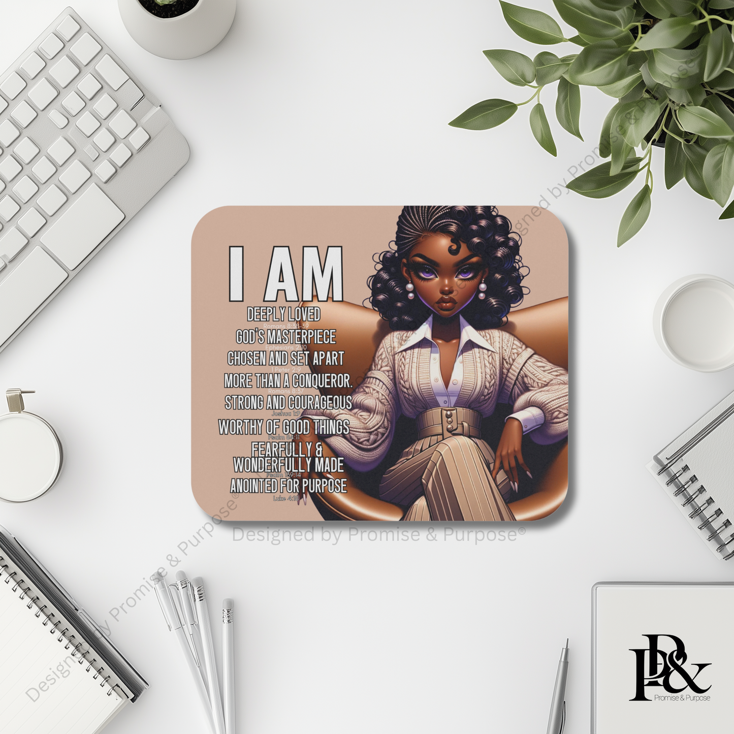 I Am Scripture Affirmation by Promise and Purpose mousepad for faith office desk decor and workspace inspiration