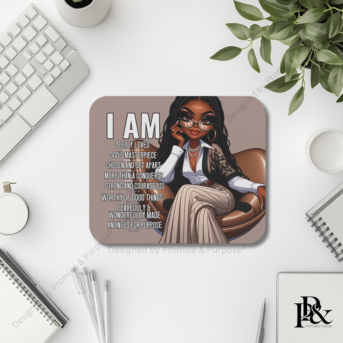 I Am Scripture Affirmation by Promise and Purpose mousepad for faith office desk decor and workspace inspiration