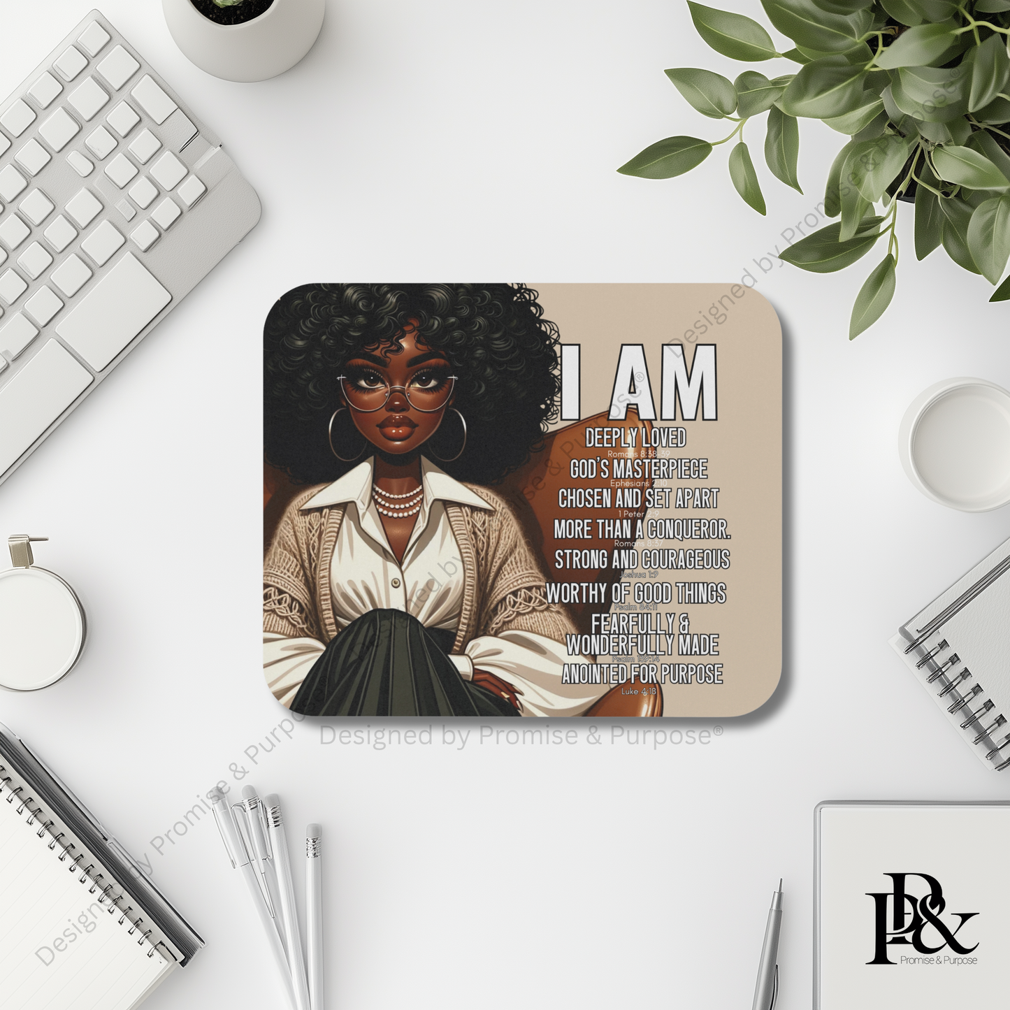 I Am Scripture Affirmation by Promise and Purpose mousepad for faith office desk decor and workspace inspiration