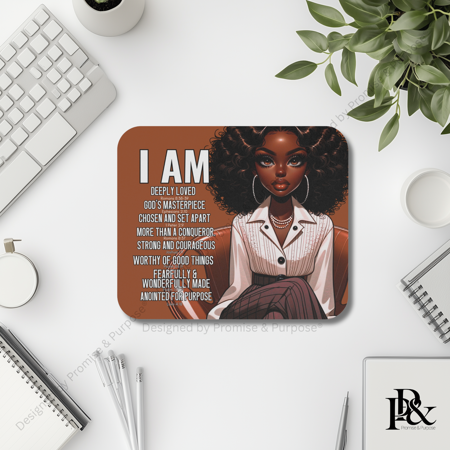 I Am Scripture Affirmation by Promise and Purpose mousepad for faith office desk decor and workspace inspiration
