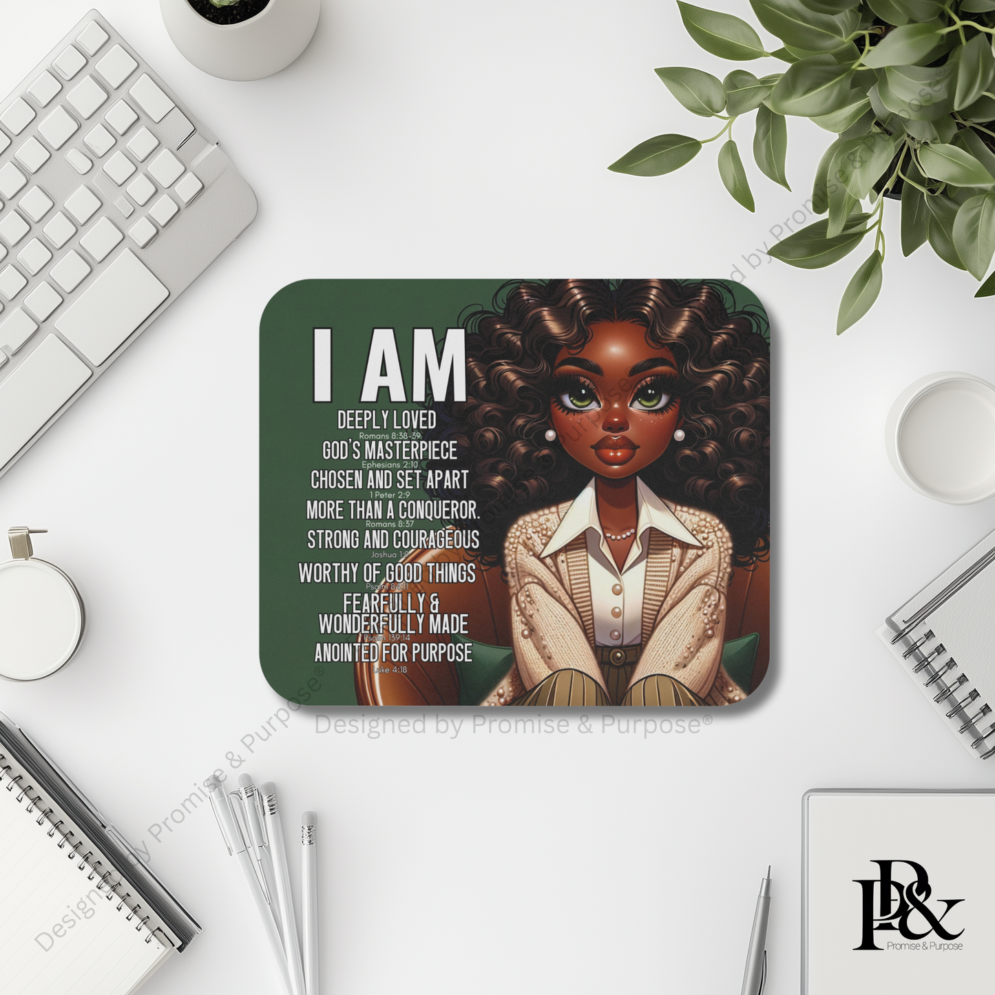 I Am Scripture Affirmation by Promise and Purpose mousepad for faith office desk decor and workspace inspiration