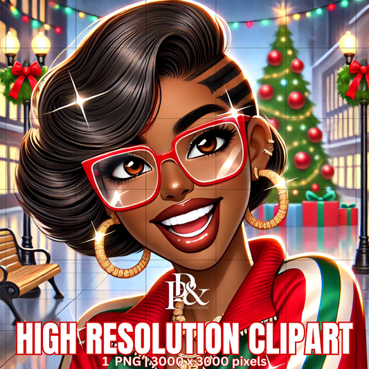 Festive 80’s Black Woman Clipart – Retro Christmas Tracksuit PNG | Holiday Afrocentric Digital Art for Mugs, Shirts & Wall Prints | FRA10
