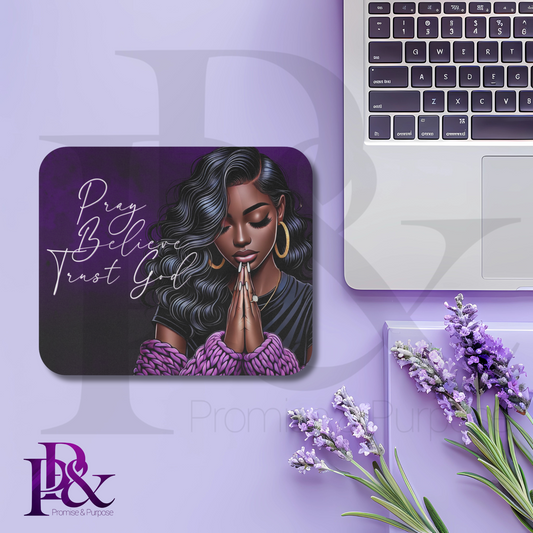 Pray Believe Trust God Purple Mouse Pad | Faith-Based Desk Decor | PBTGW10