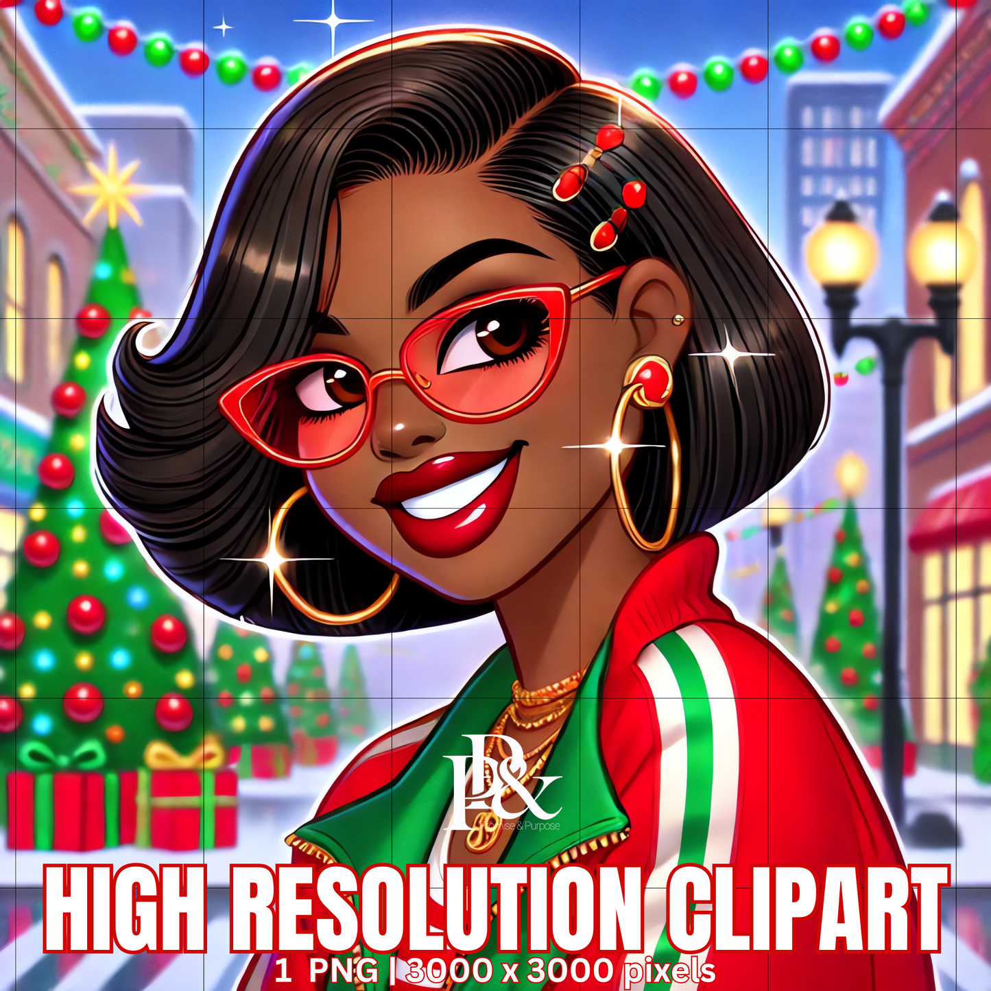 Festive 80’s Black Woman Clipart – Retro Christmas Tracksuit PNG | Holiday Afrocentric Digital Art for Mugs, Shirts & Wall Prints | FRA11