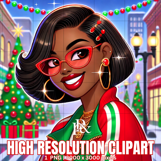 Festive 80’s Black Woman Clipart – Retro Christmas Tracksuit PNG | Holiday Afrocentric Digital Art for Mugs, Shirts & Wall Prints | FRA11