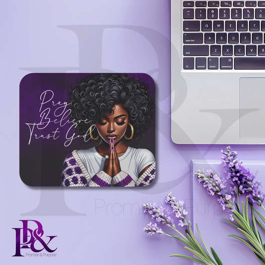Pray Believe Trust God Purple Mouse Pad | Faith-Based Desk Decor | PBTGW11