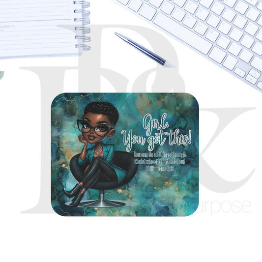 Girl You Got This Collection - Black Short Teal Watercolor Curly Hair Mousepad - YGTW01TEALWC