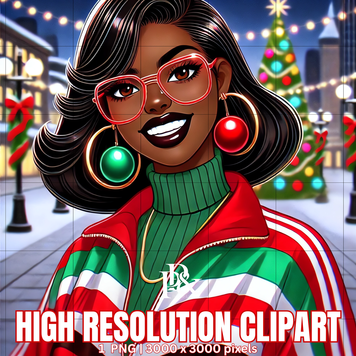 Festive 80’s Black Woman Clipart – Retro Christmas Tracksuit PNG | Holiday Afrocentric Digital Art for Mugs, Shirts & Wall Prints | FRA12