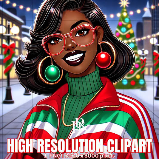 Festive 80’s Black Woman Clipart – Retro Christmas Tracksuit PNG | Holiday Afrocentric Digital Art for Mugs, Shirts & Wall Prints | FRA12