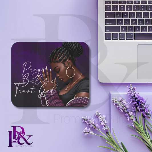 Pray Believe Trust God Purple Mouse Pad | Faith-Based Desk Decor | PBTGW13