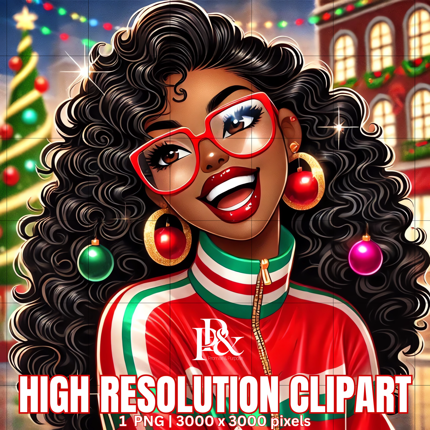 Festive 80’s Black Woman Clipart – Retro Christmas Tracksuit PNG | Holiday Afrocentric Digital Art for Mugs, Shirts & Wall Prints | FRA14