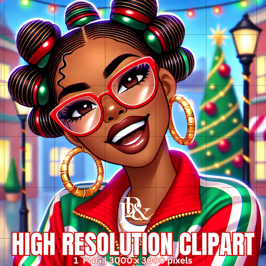 Festive 80’s Black Woman Clipart – Retro Christmas Tracksuit PNG | Holiday Afrocentric Digital Art for Mugs, Shirts & Wall Prints | FRA16