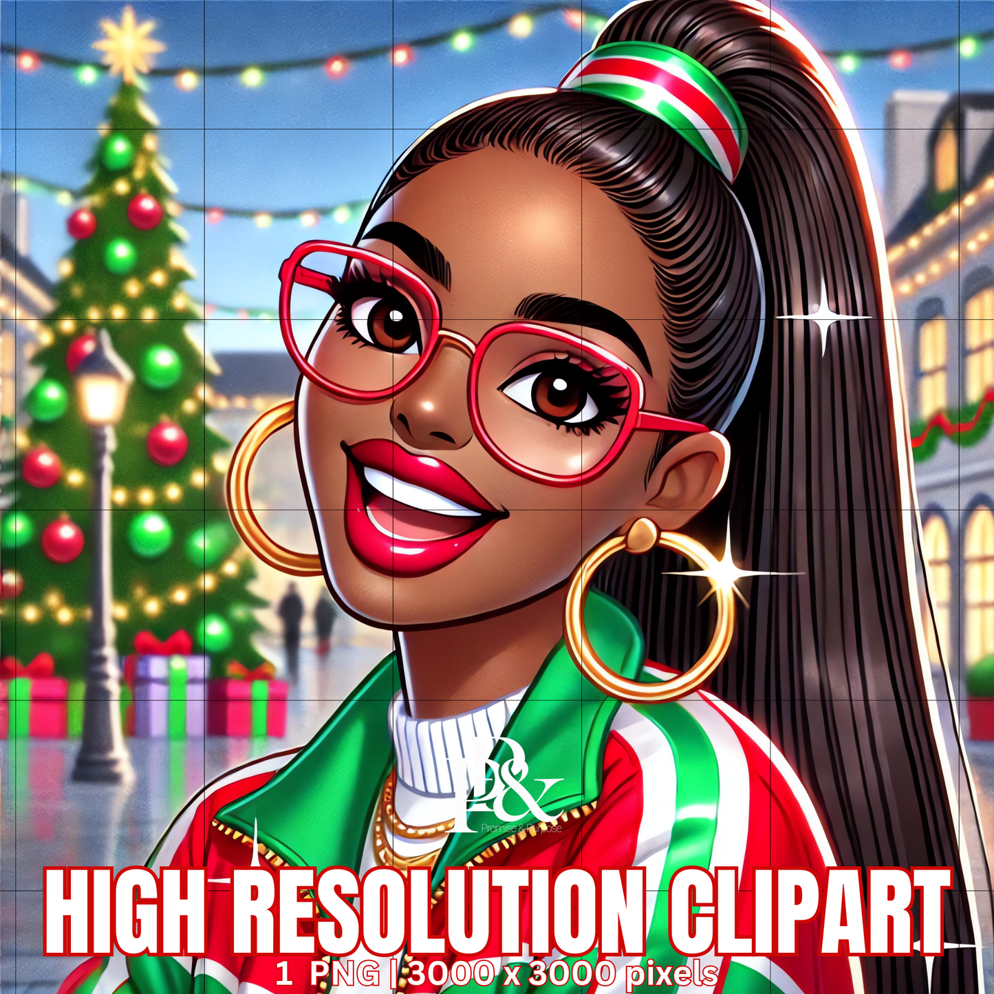 Festive 80’s Black Woman Clipart – Retro Christmas Tracksuit PNG | Holiday Afrocentric Digital Art for Mugs, Shirts & Wall Prints | FRA17