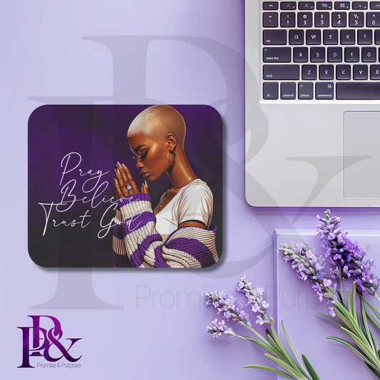 Pray Believe Trust God Purple Mouse Pad | Faith-Based Desk Decor | PBTGW17