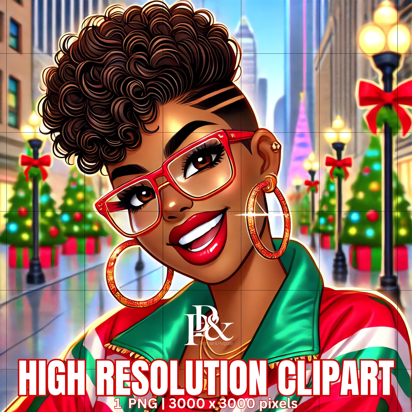 Festive 80’s Black Woman Clipart – Retro Christmas Tracksuit PNG | Holiday Afrocentric Digital Art for Mugs, Shirts & Wall Prints | FRA01