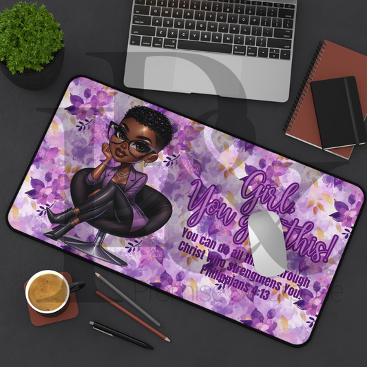 Girl You Got This Collection - Black Short Purple Curly Hair Purple Flowers Desk mat - YGTW01PURPFLW