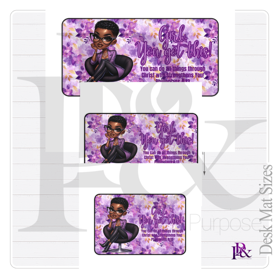 Girl You Got This Collection - Black Short Purple Curly Hair Purple Flowers Desk mat - YGTW01PURPFLW