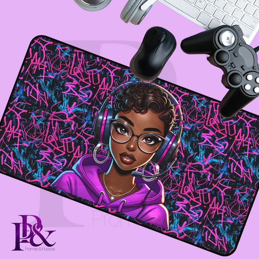 Promiseland Gaming Collection - Black Woman Short Hair Purple Gaming Desk Mat - DPLW01PURP