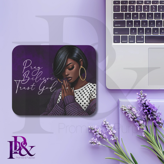 Pray Believe Trust God Purple Mouse Pad | Faith-Based Desk Decor | PBTGW21