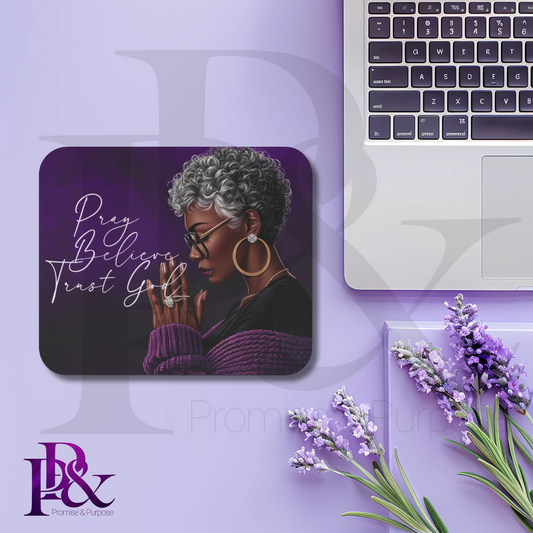 Pray Believe Trust God Purple Mouse Pad | Faith-Based Desk Decor | PBTGW22